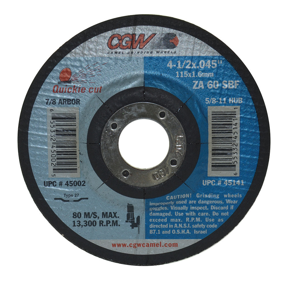 4-1/2 Inch x .045 Inch x 7/8 Inch ZA60-S-BF Quickie Cutâ„¢ Thin Reinforced Cut-Off Wheels Type 27