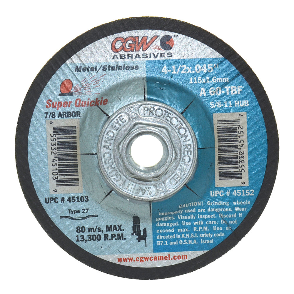 4-1/2 Inch x .045 Inch x 5/8-11 Inch A60-T-BF Super Quickie Cutâ„¢ Reinforced Cut-Off Wheel Type 27