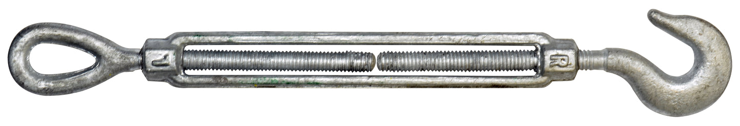 1/2 Inch x 6 Inch Hot Galvanized 1030 Carbon Steel Hook and Eye Turnbuckle