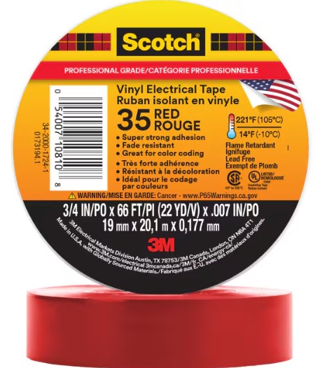 3/4 Inch x 66 ft Scotch 35 Vinyl Electrical Color Coding Tape Red