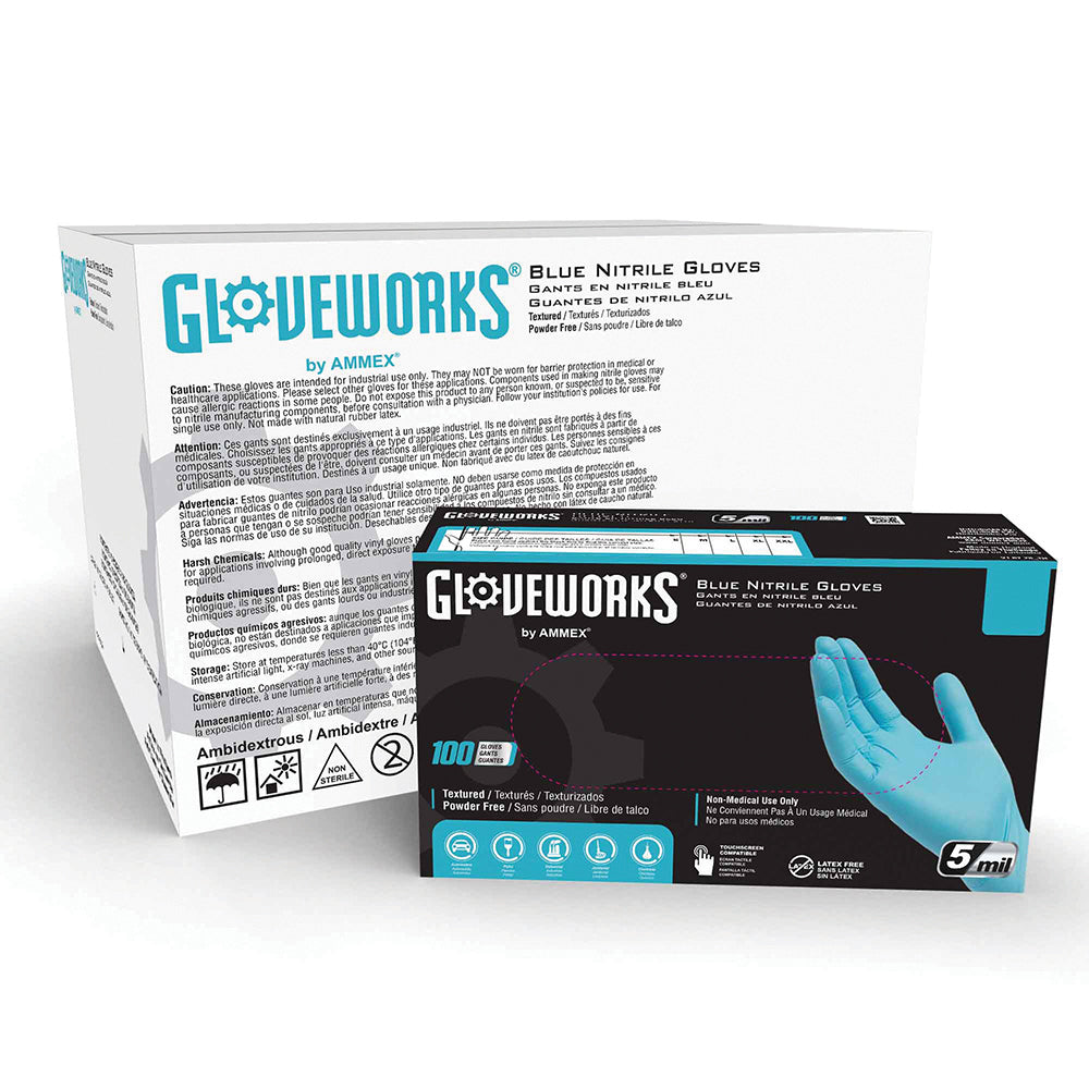 Ammex X-Large 5 Mil Palm 6 Mil Fingertip Blue Textured Nitrile Powder Free Gloveworks® Premium Industrial Glove - 100 Per Box