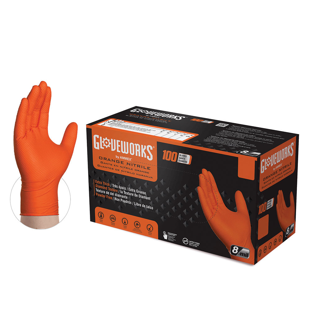 Ammex Gloveworks Heavy Duty Orange Nitrile Disposable Gloves - Medium - 100 Per Box