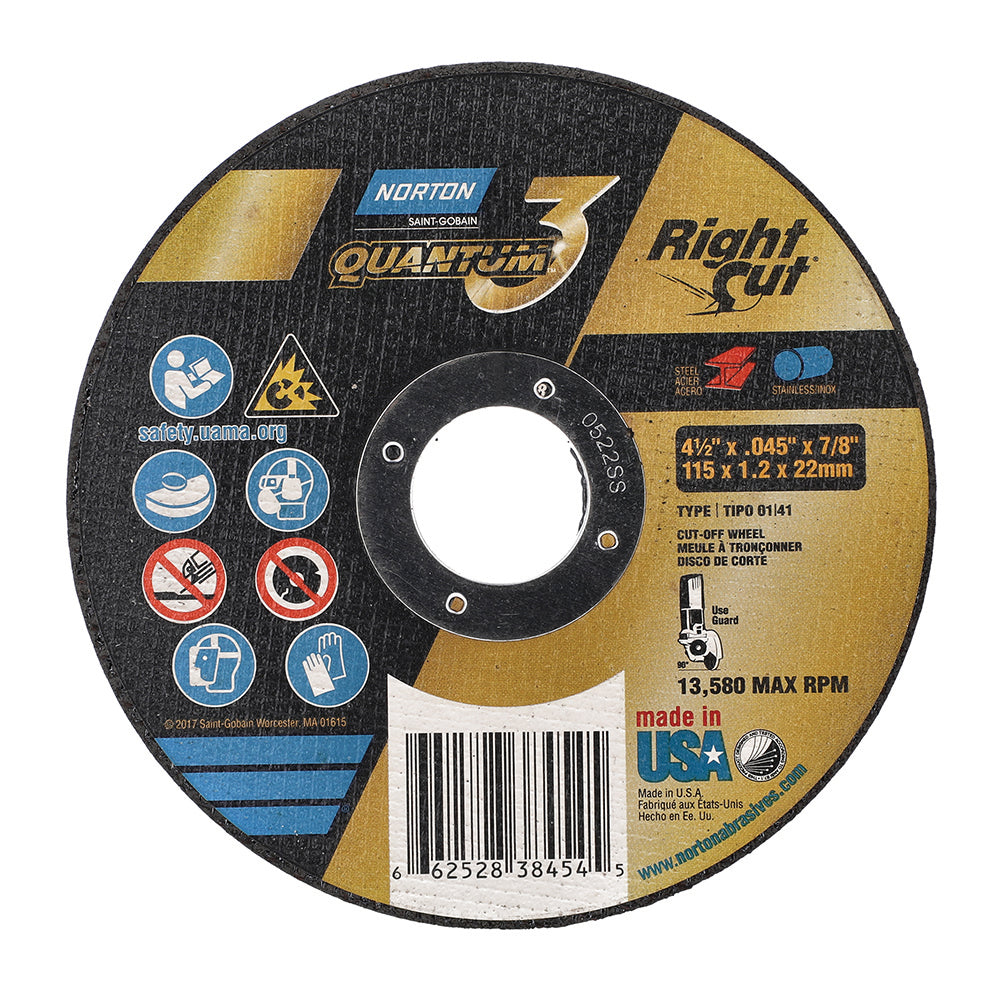 4-1/2" X 1/16" X 7/8" Quantum3 RightCut SG CA Type 01/41 Right Angle Cut-Off Wheel
