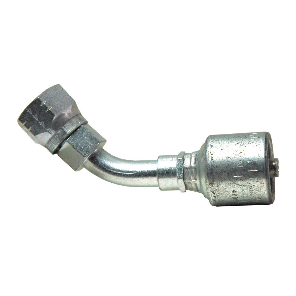 3/8 Inch Female Komatsu Style Japanese Metric Swivel - 45 Degree Bent Tube Tuffcoat Lead Free MegaCrimp Coupling