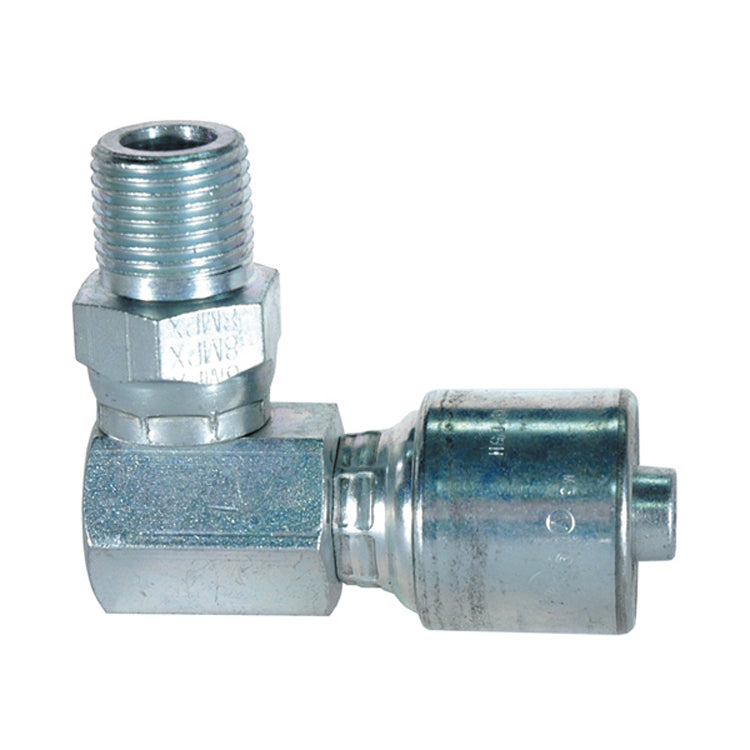 3/8 Inch x 3/8 Inch Male Pipe Swivel - 90 Degree Block (NPTF - Without 30 Degree Cone Seat) Tuffcoat Lead Free MegaCrimp Coupling