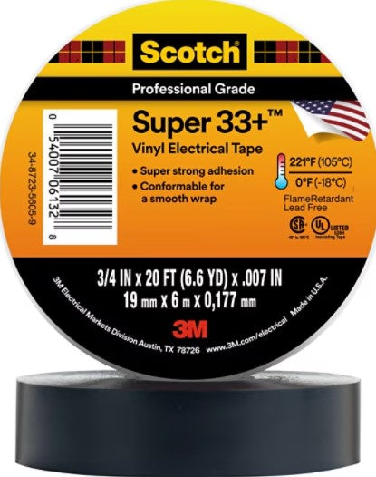 3/4 Inch x 20 ft 3M Scotch Super 33+â„¢ Electrical Tape Black Pvc
