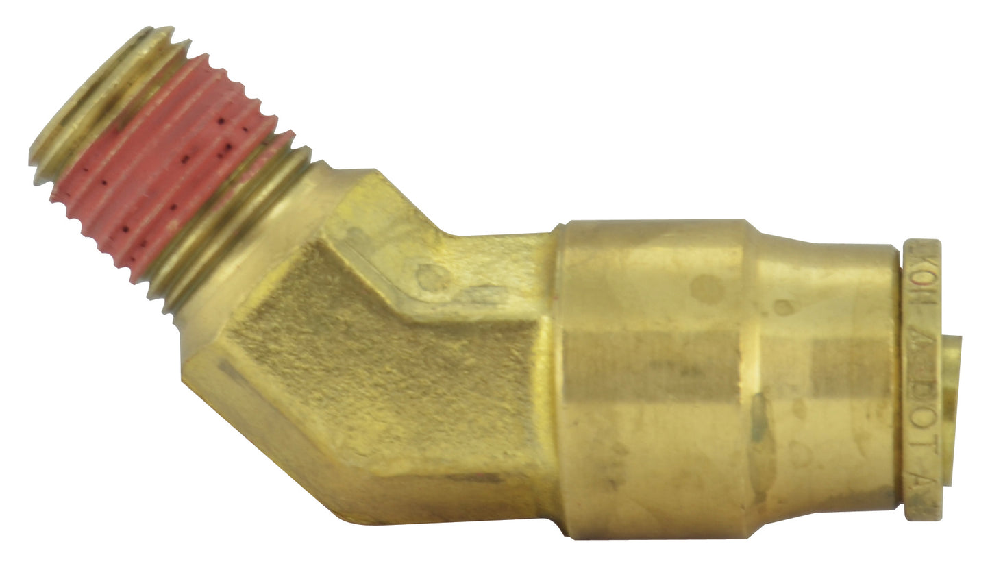 1/2 Tube x 1/4 Inch Brass 45 Degree Male Elbow Push On D.O.T. Air Brake Connector