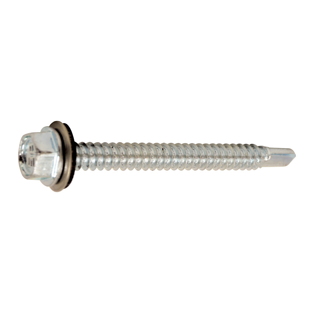 #14-14 x 2-1/2 Inch Zinc Plated Steel #3 Point Indented Hex Washer Head Self-Drilling Tek Screw With Bonded Neoprene Washer