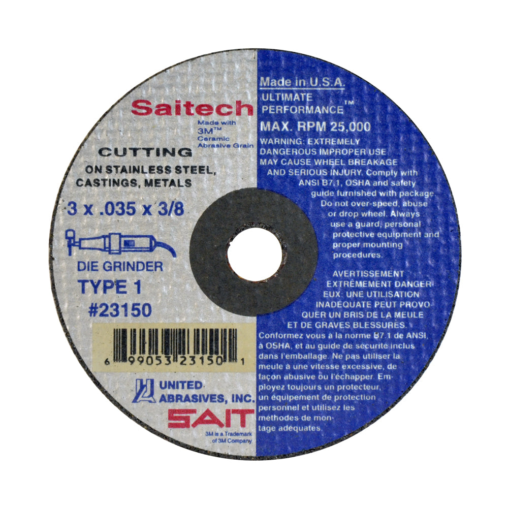 3 Inch x 0.035 Inch x 3/8 Inch 46 Grit Saitech Ceramic Type 1 Cut-Off-Wheel