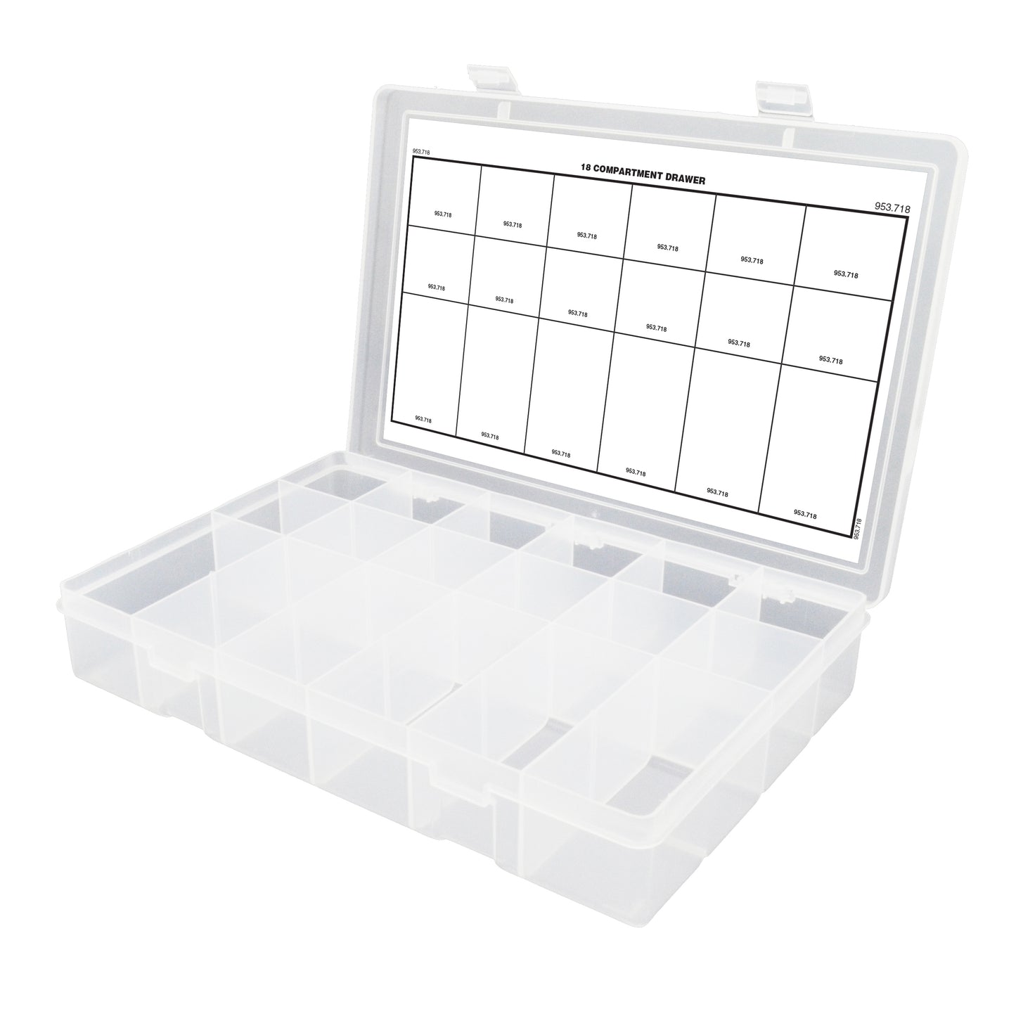 18 Compartment 13-1/8 Inch x 2-5/16 Inch x 9 Inch Clear Polypropylene Box