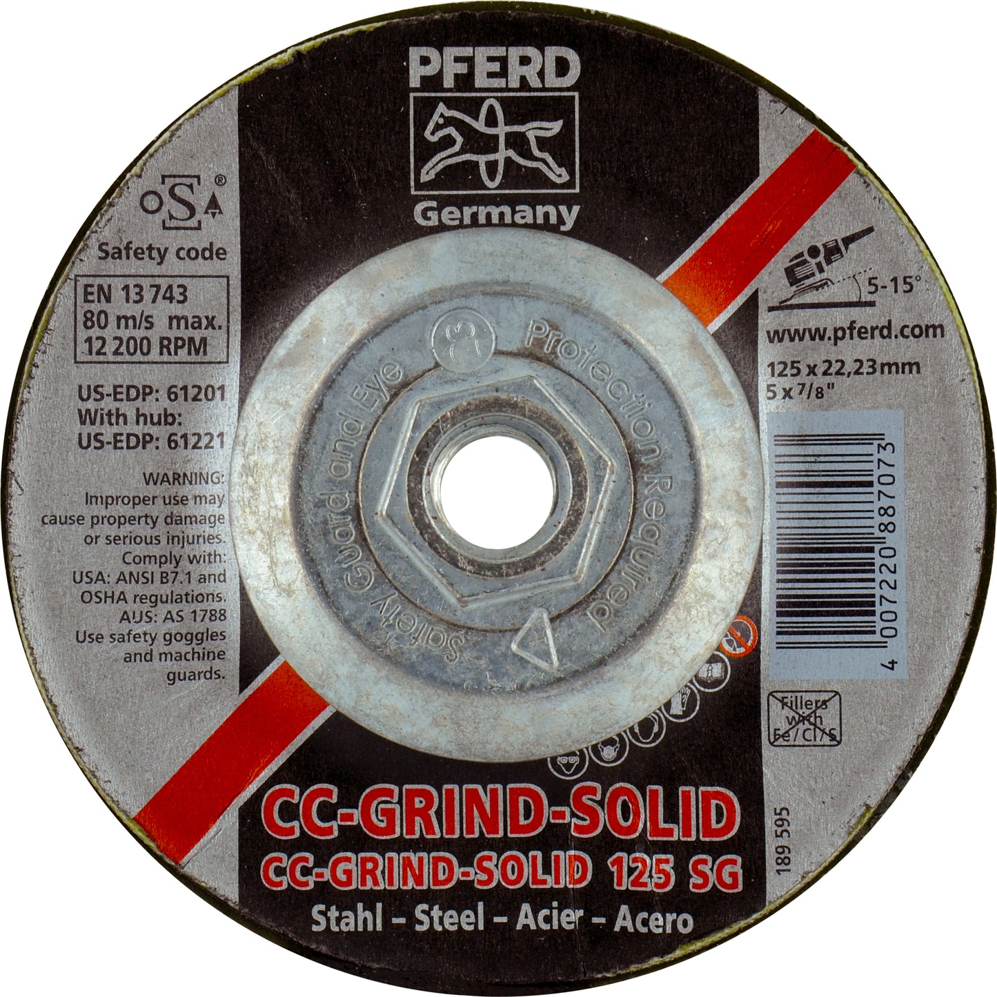 7 Inch x 5/8-11 Arbor Pferd CC-Grind Solid Grinding Disc For Use on Steel