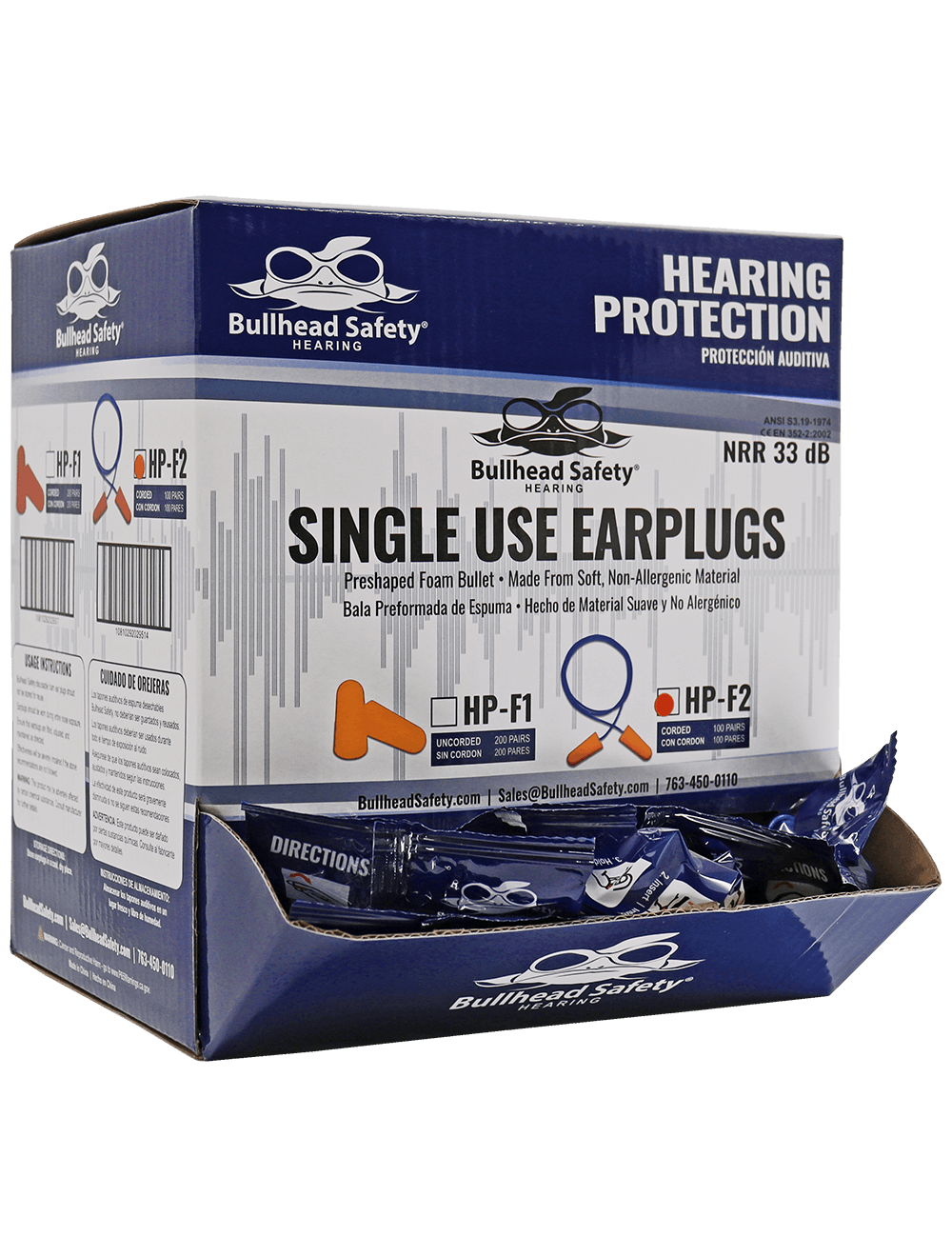 Bullhead Safety Hearing Protection Corded Polyurethane Foam NRR 33 dB Earplugs