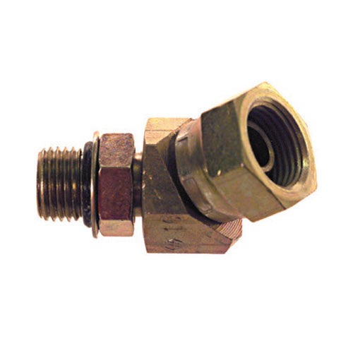 3/8 Inch x 9/16 Inch 4000 psi Zinc Plated Yellow Dichromate Carbon Steel Male Straight Thread To Female Pipe Swivel 45 Degree Elbow Swivel Adapter