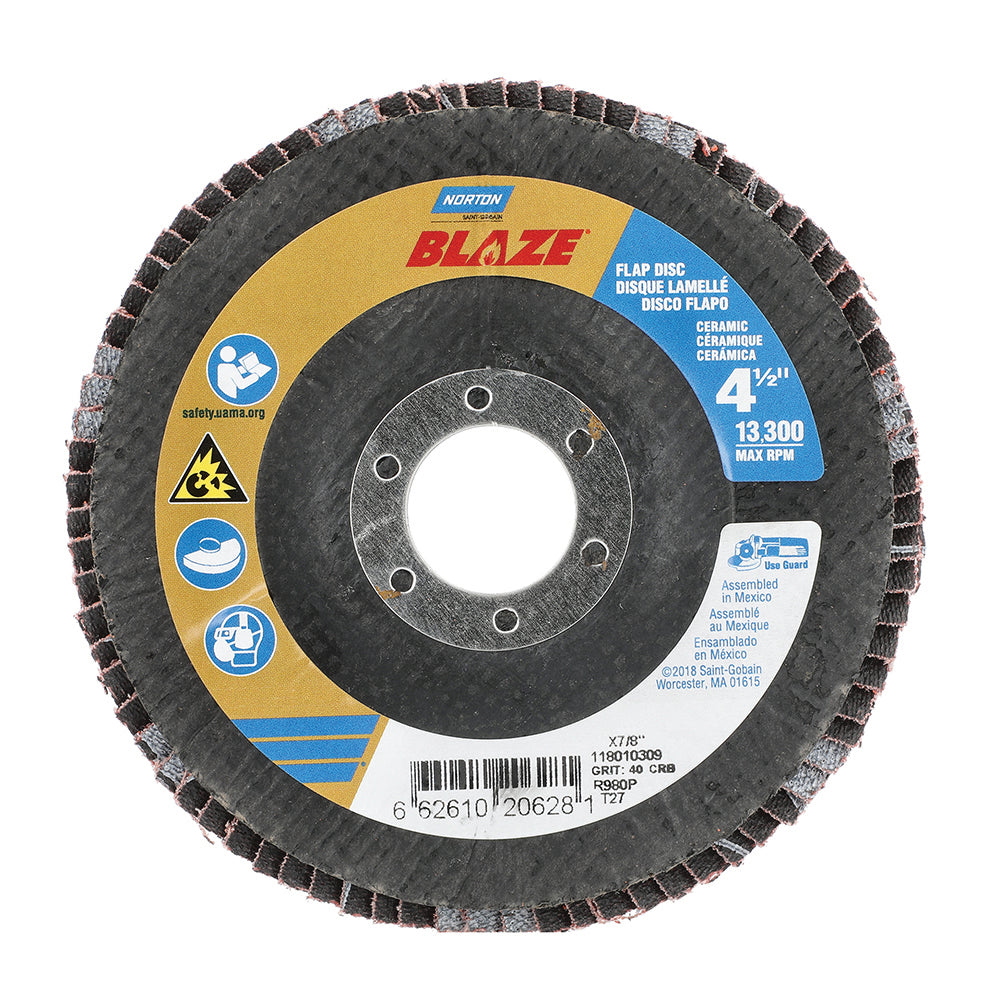 Blaze R980P 60 Grit CA Coarse Grit Center Mount Fiberglass HD Flat Flap Disc - 4-1/2X7/8
