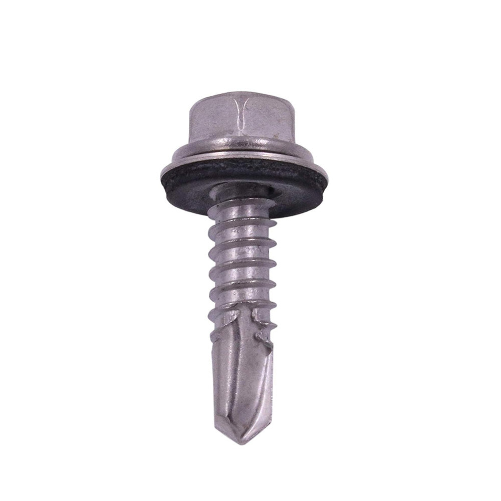 #12-14 x 1-1/2 Inch Stainless  Steel #3 Point Indented Hex Washer Head Self-Drilling Tek Screw With Bonded Neoprene Washer