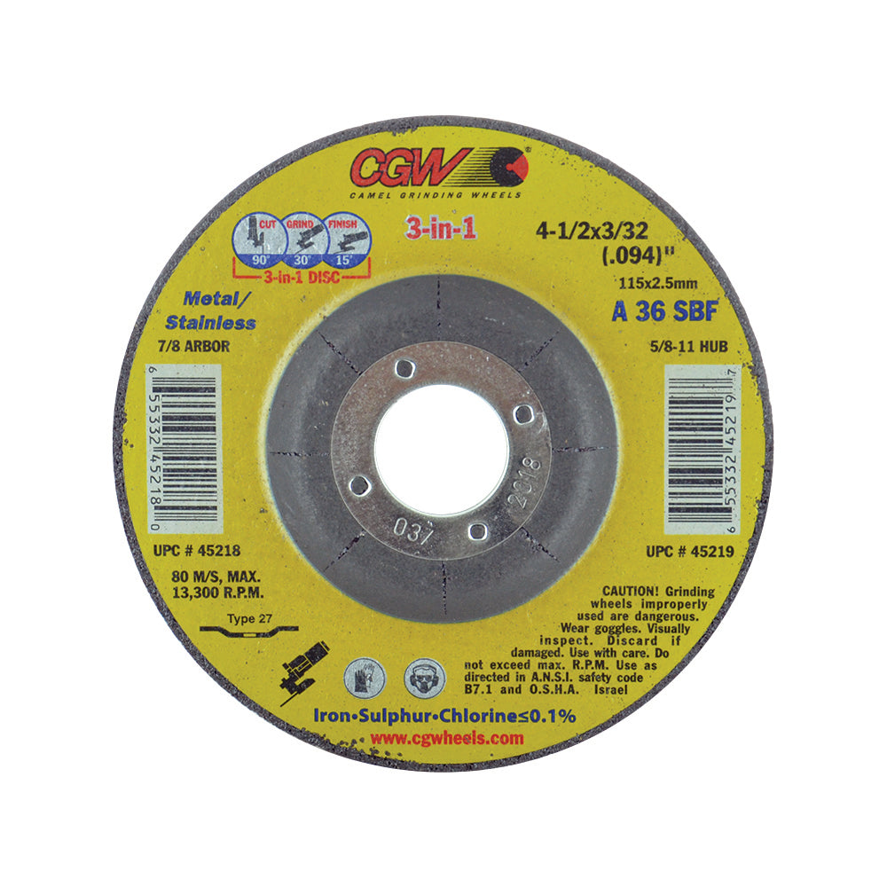 4-1/2 Inch x 3/32 Inch x 7/8 Inch Type 27 Depressed Center Cut-Off Wheel A36S