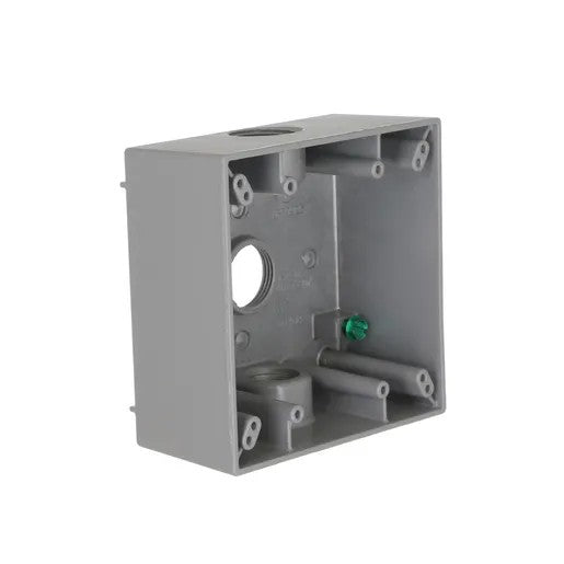 2-Gang Weatherproof Box- Three 3/4  in. Threaded Outlets- Gray
