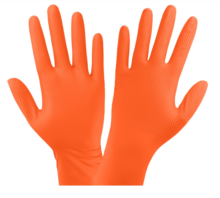 Panther-Guard® High-Visibility Orange Nitrile- Powder-Free- Industrial-Grade- Raised Diamond Pattern- 8-Mil- 9.5-Inch Disposable Gloves - XL