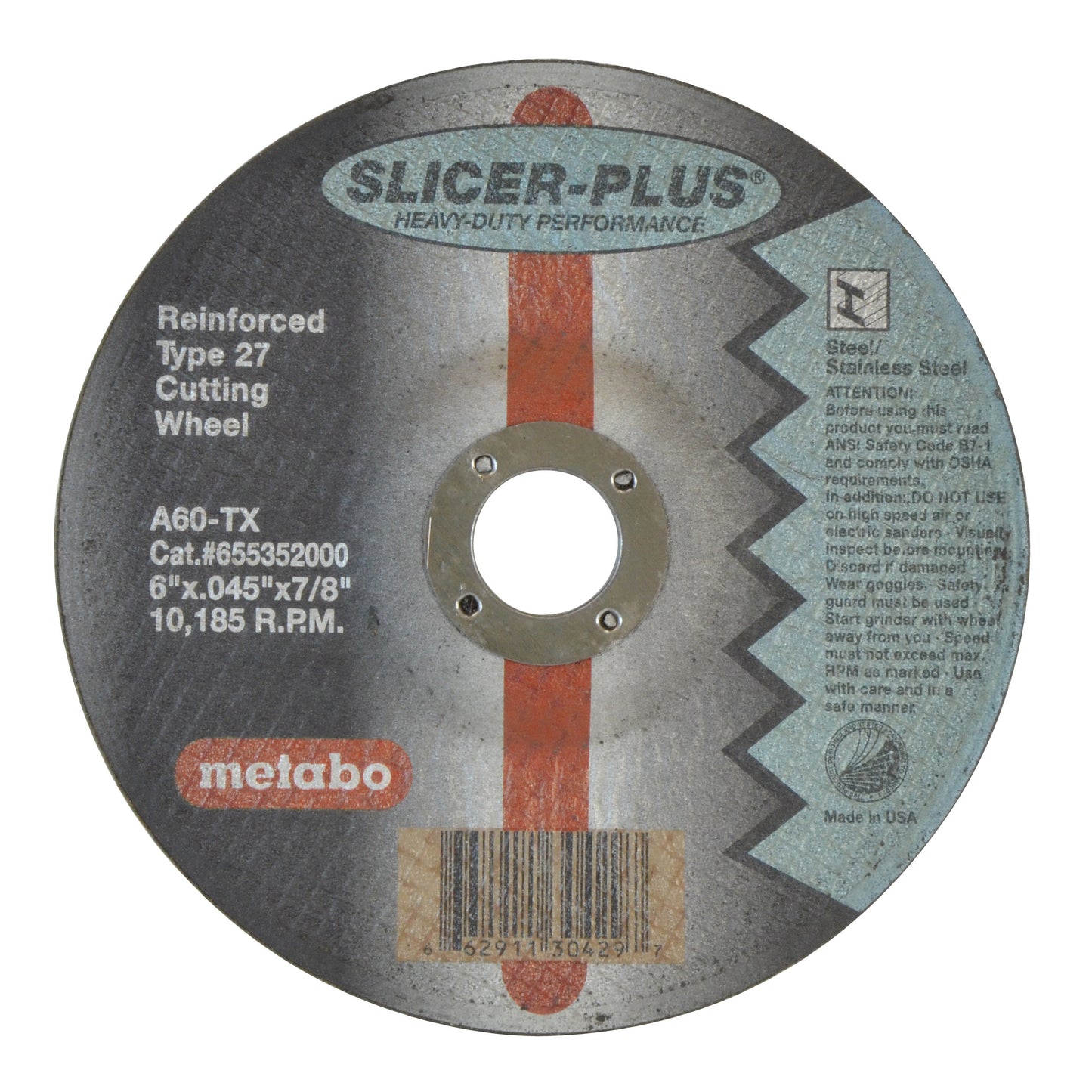 6 Inch x .045 Inch x 7/8 Inch ZA60-S-BF Quickie Cutâ„¢ Thin Reinforced Cut-Off Wheels Type 27
