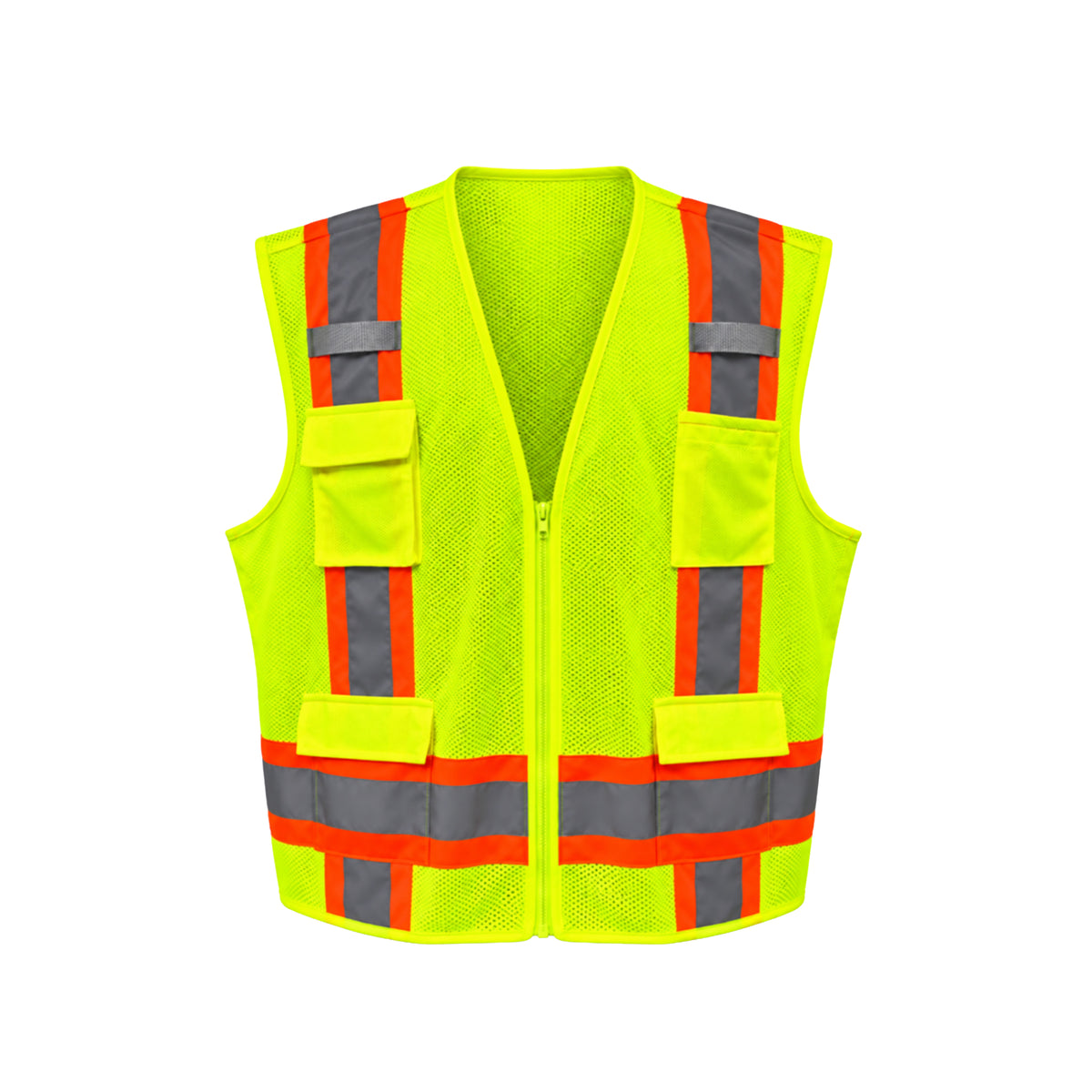 Two-Tone Ansi Class 2 Surveyor Vest- 11 Pockets- Solid Front With Breathable Mesh Back - 2XL