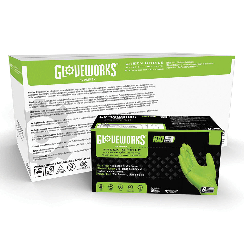 Ammex Gloveworks Heavy-Duty Green Powder-Free Nitrile Disposable Gloves - Large
