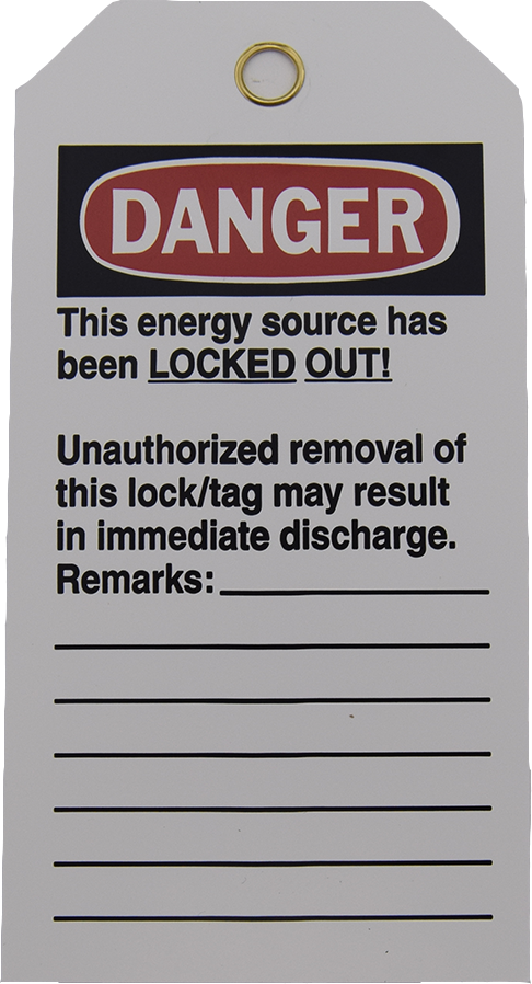 Two-sided tag, warnings & graphics. Both sides, lines for additional, 3/8" eyelet accepts most locks 3" W x 5-3/4" H