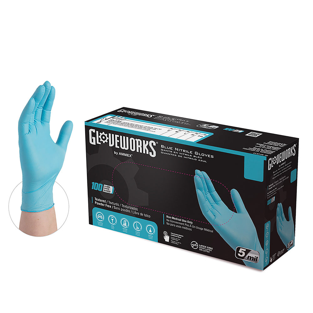 Ammex Large 5 Mil Palm 6 Mil Fingertip Blue Textured Nitrile Powder Free GloveworksÂ® Premium Industrial Glove - 100 Per Box