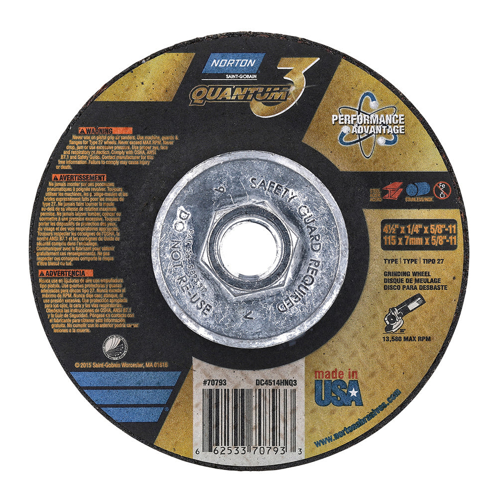 Quantum3 SG CA Type 27 Grinding Wheel - 4-1/2" X 1/4" X 5/8"-11