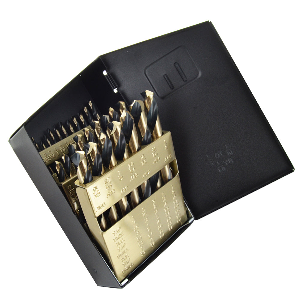 29 Piece Amber Gold High Molybdenum Tool Steel 3 Flats 3/8 Inch Reduced Shank Mechanics Length Drill Set With Index