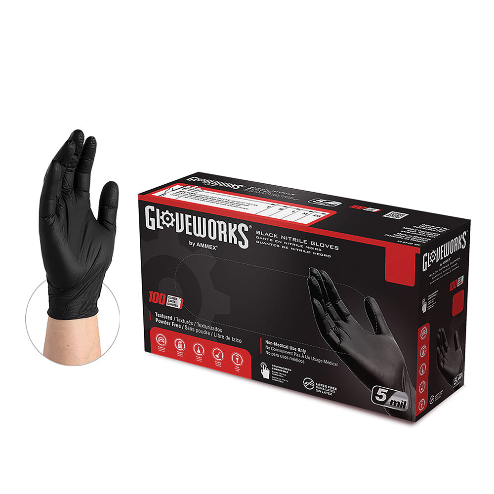 Ammex Large 5 Mil Black Textured/Micro-Roughened Nitrile Powder Free GloveplusÂ® Premium Industrial Glove - 100 Per Box