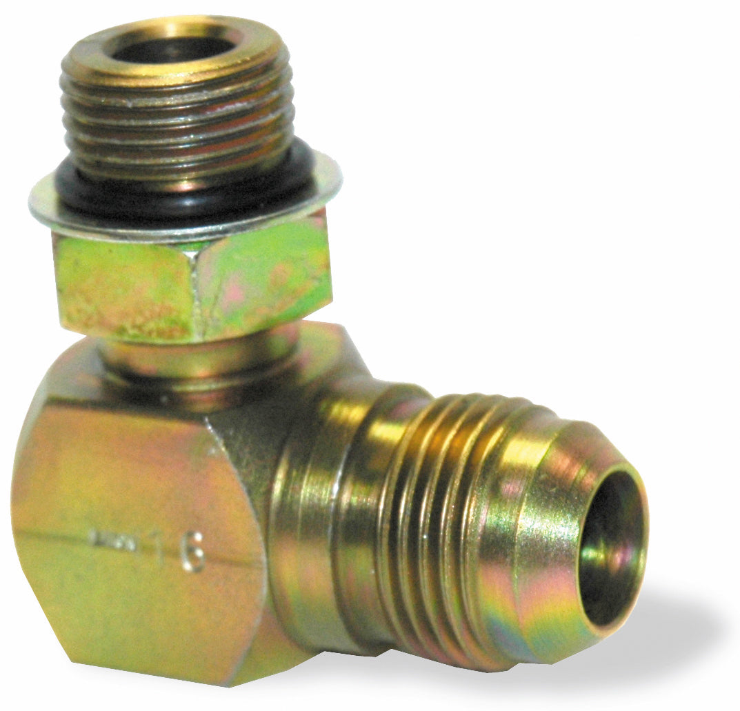 1/4 Inch x 3/8 Inch 6000 psi Zinc Plated Yellow Dichromate Carbon Steel Male Boss O-Ring 90 Degree Elbow To Male Jic 37 Degree Male Boss O-Ring Adapter