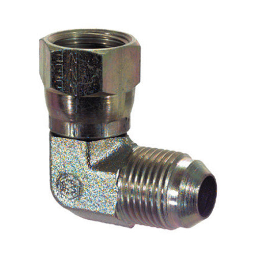 1/4 Inch x 9/16 Inch 7500 psi Zinc Plated Yellow Dichromate Carbon Steel Jic 37 Degree Swivel Nut 90 Degree Elbow