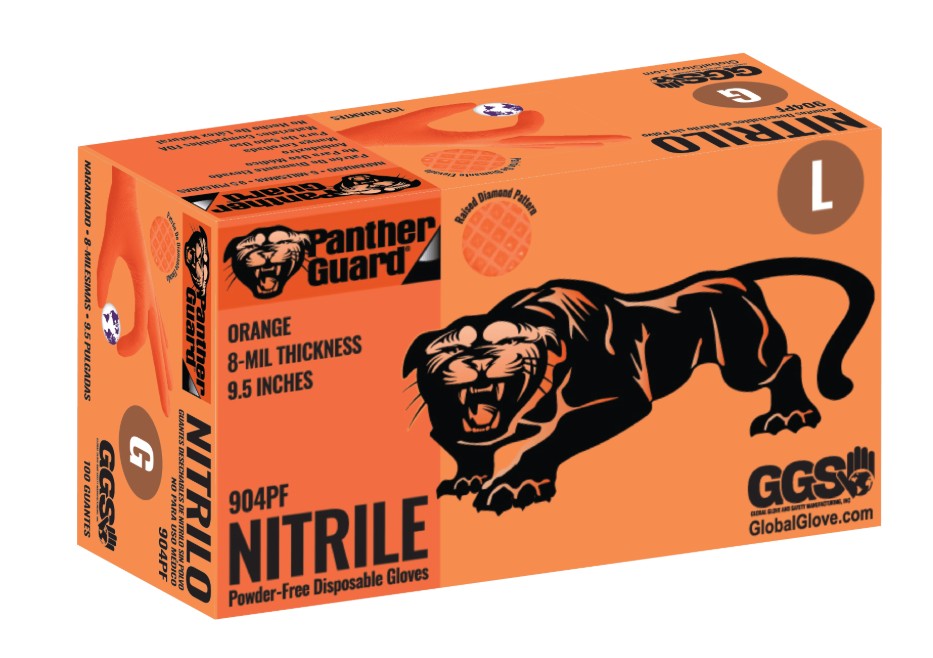 Panther-Guard® High-Visibility Orange Nitrile- Powder-Free- Industrial-Grade- Raised Diamond Pattern- 8-Mil- 9.5-Inch Disposable Gloves - Small