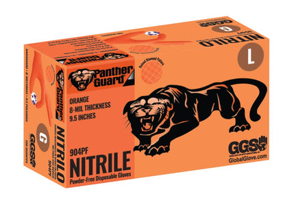 Panther-Guard® High-Visibility Orange Nitrile- Powder-Free- Industrial-Grade- Raised Diamond Pattern- 8-Mil- 9.5-Inch Disposable Gloves - Small