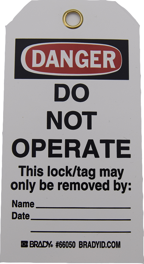 Two-sided tag, warnings & graphics. Both sides, lines for additional, 3/8" eyelet accepts most locks 3" W x 5-3/4" H