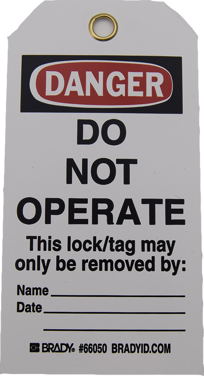 Two-sided tag, warnings & graphics. Both sides, lines for additional, 3/8" eyelet accepts most locks 3" W x 5-3/4" H