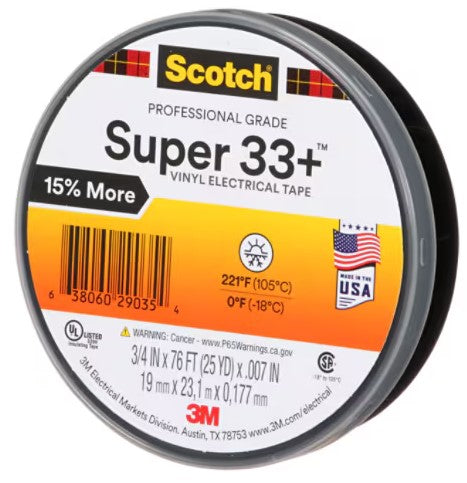 3/4 Inch x 66 ft 3M Scotch Super 33+â„¢ Electrical Tape Black Pvc