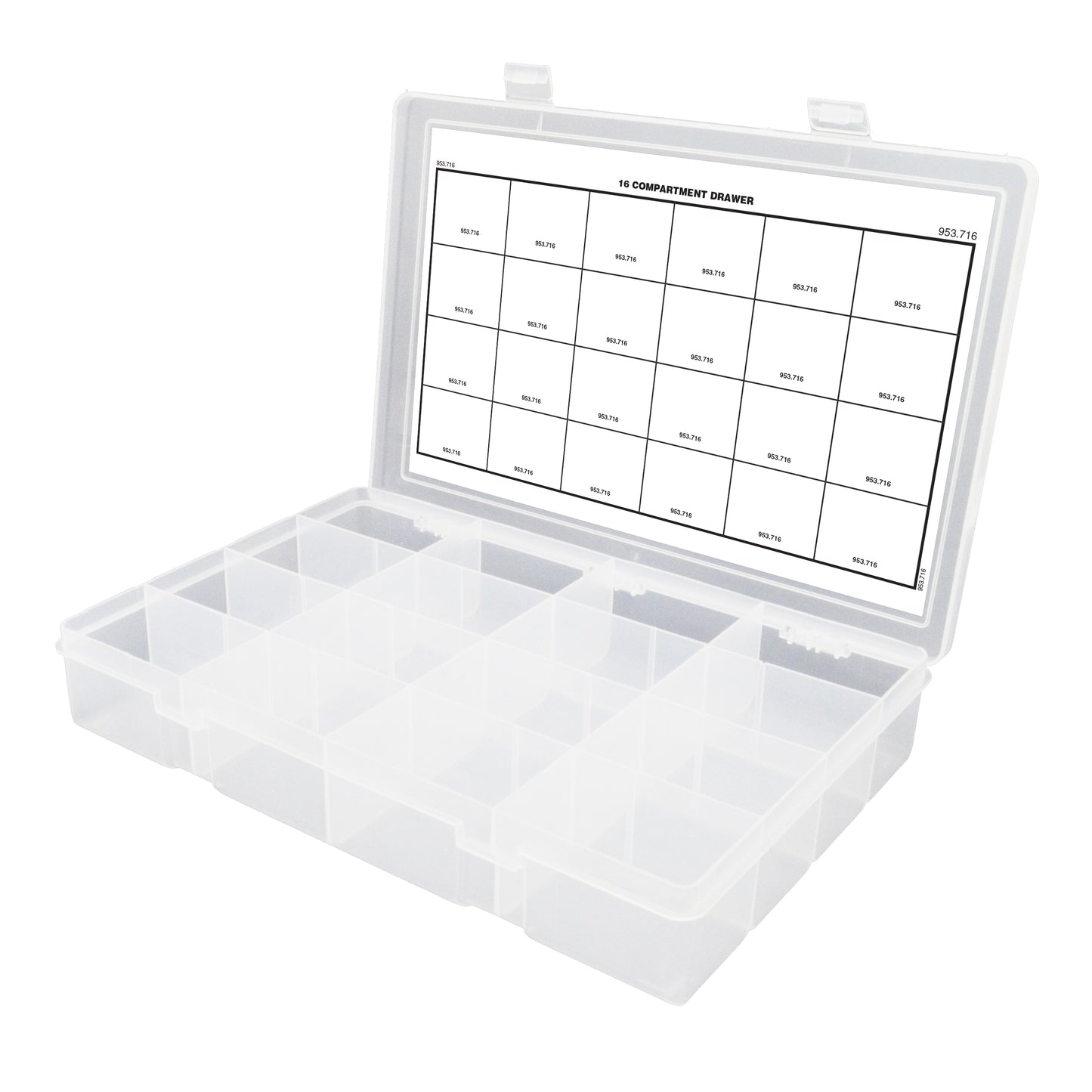 16 Compartment 13-1/8 Inch x 2-5/16 Inch x 9 Inch Clear Polypropylene Box