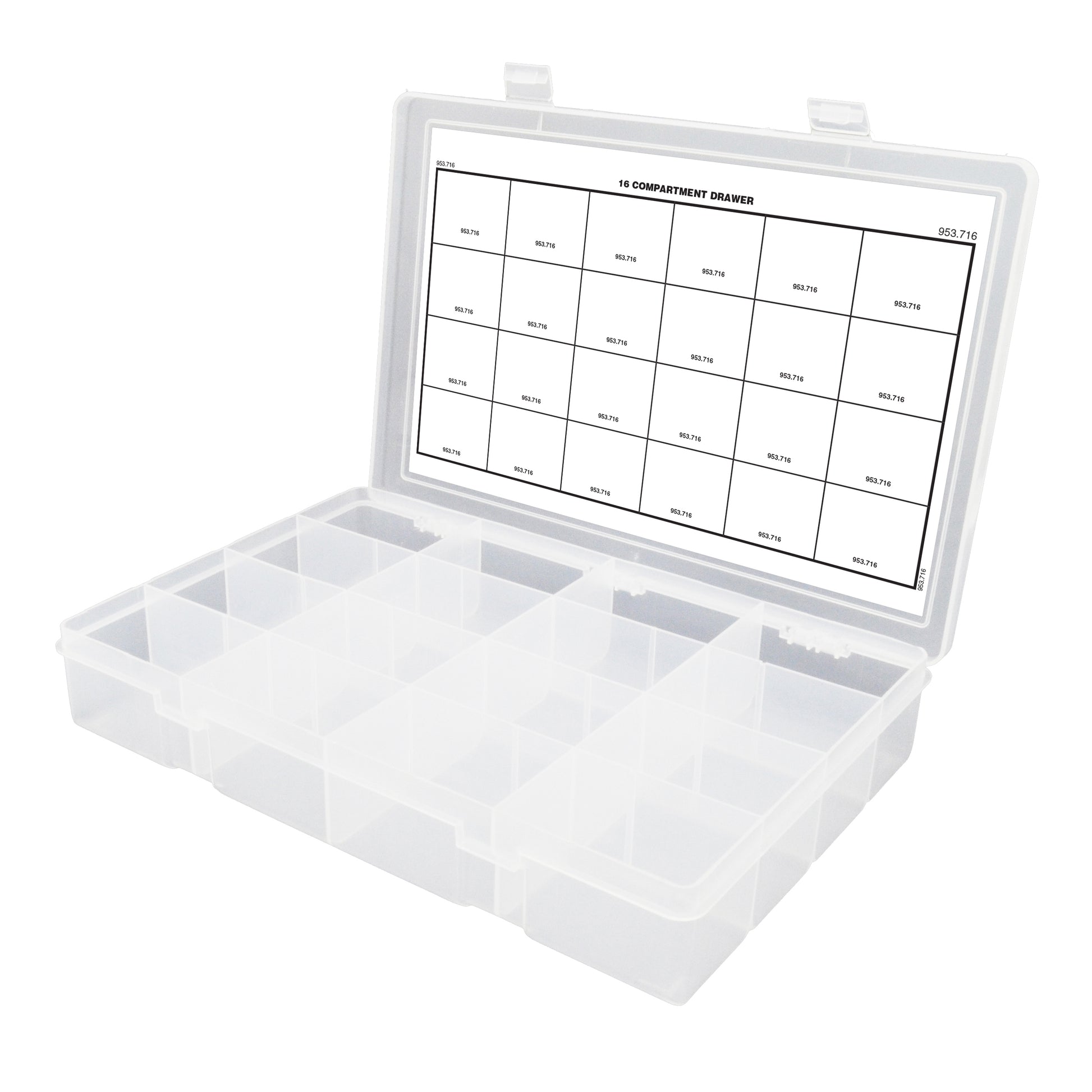 16 Compartment 13-1/8 Inch x 2-5/16 Inch x 9 Inch Clear Polypropylene Box