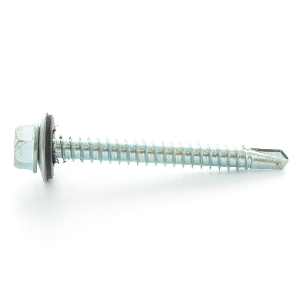 #14-14 x 4 Inch Zinc Plated Steel #3 Point Indented Hex Washer Head Self-Drilling Tek Screw With Bonded Neoprene Washer